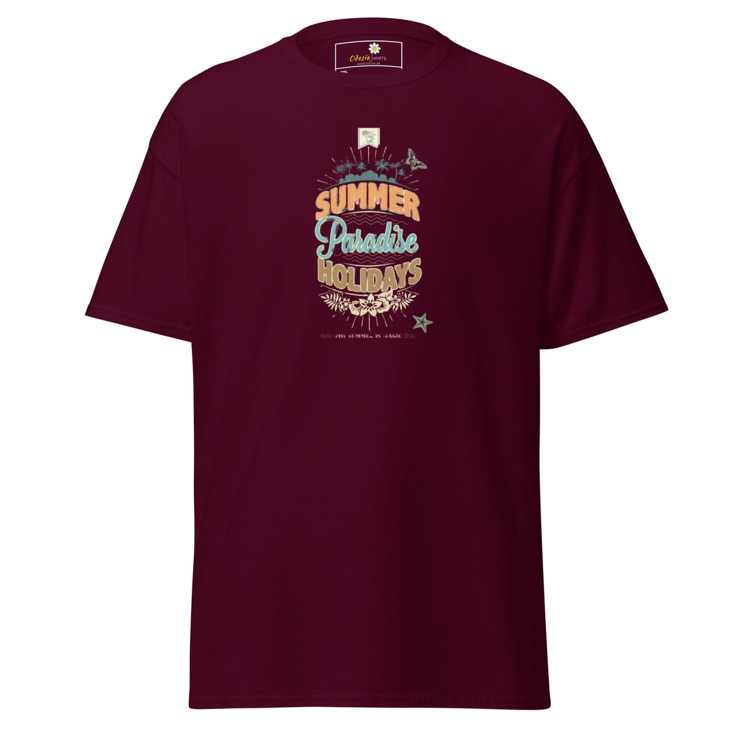 Maroon t-shirt with a summer-themed graphic.