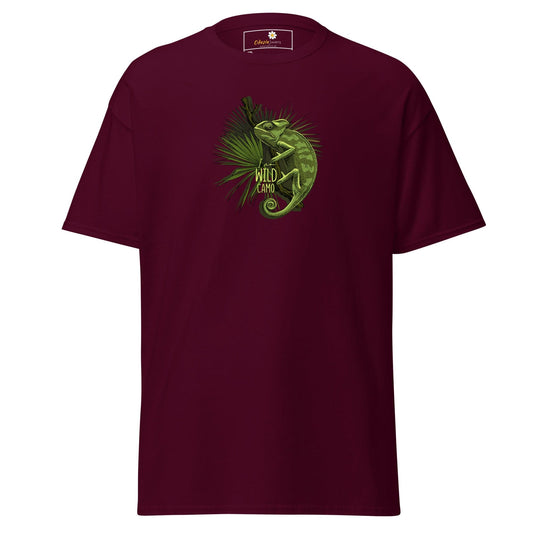 Maroon t-shirt with chameleon graphic.