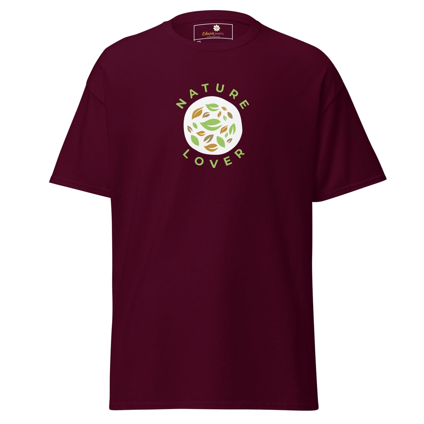 Maroon t-shirt with nature-themed graphic.