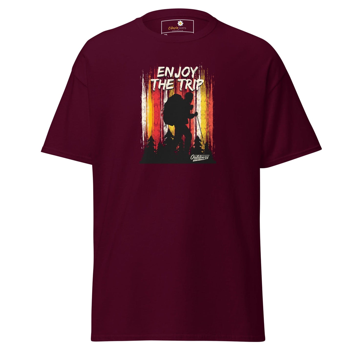 Maroon t-shirt with hiking graphic.