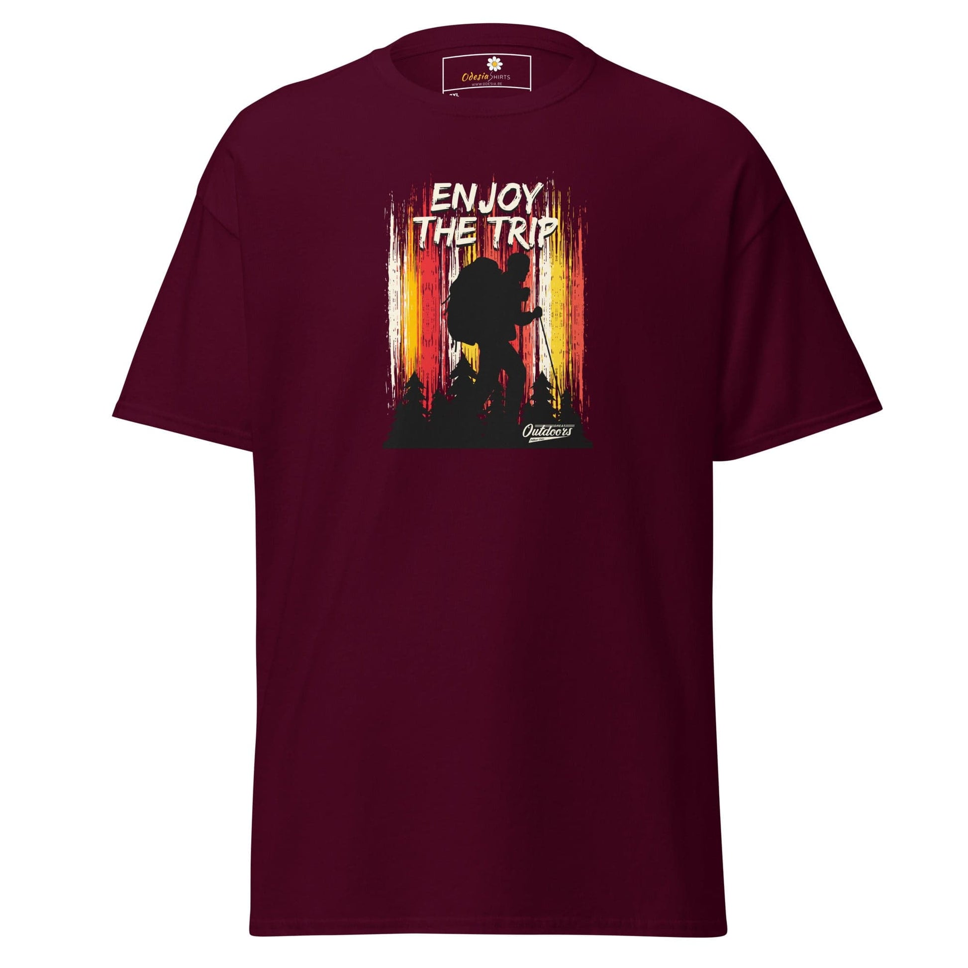 Maroon t-shirt with hiking graphic.