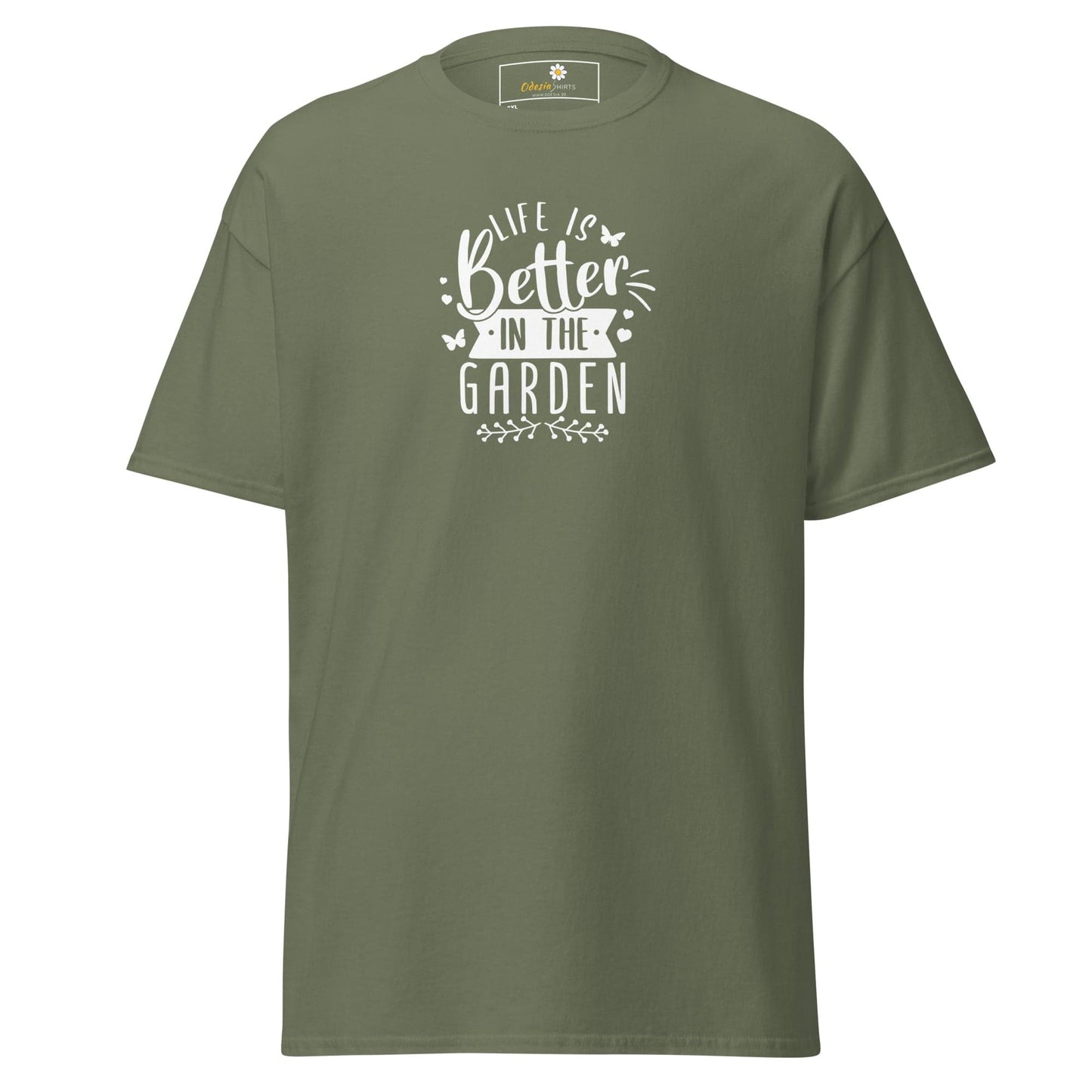 Olive green t-shirt with white text.