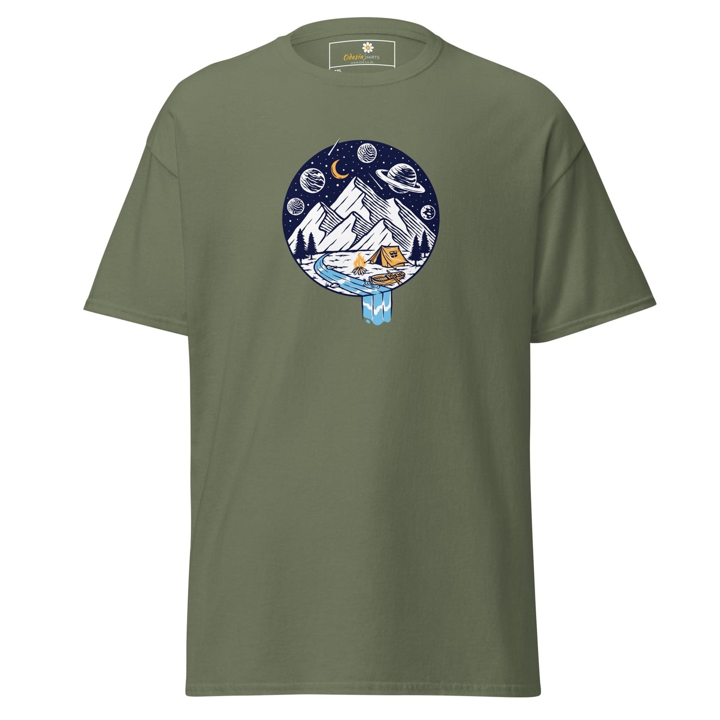 Olive green t-shirt with camping graphic.