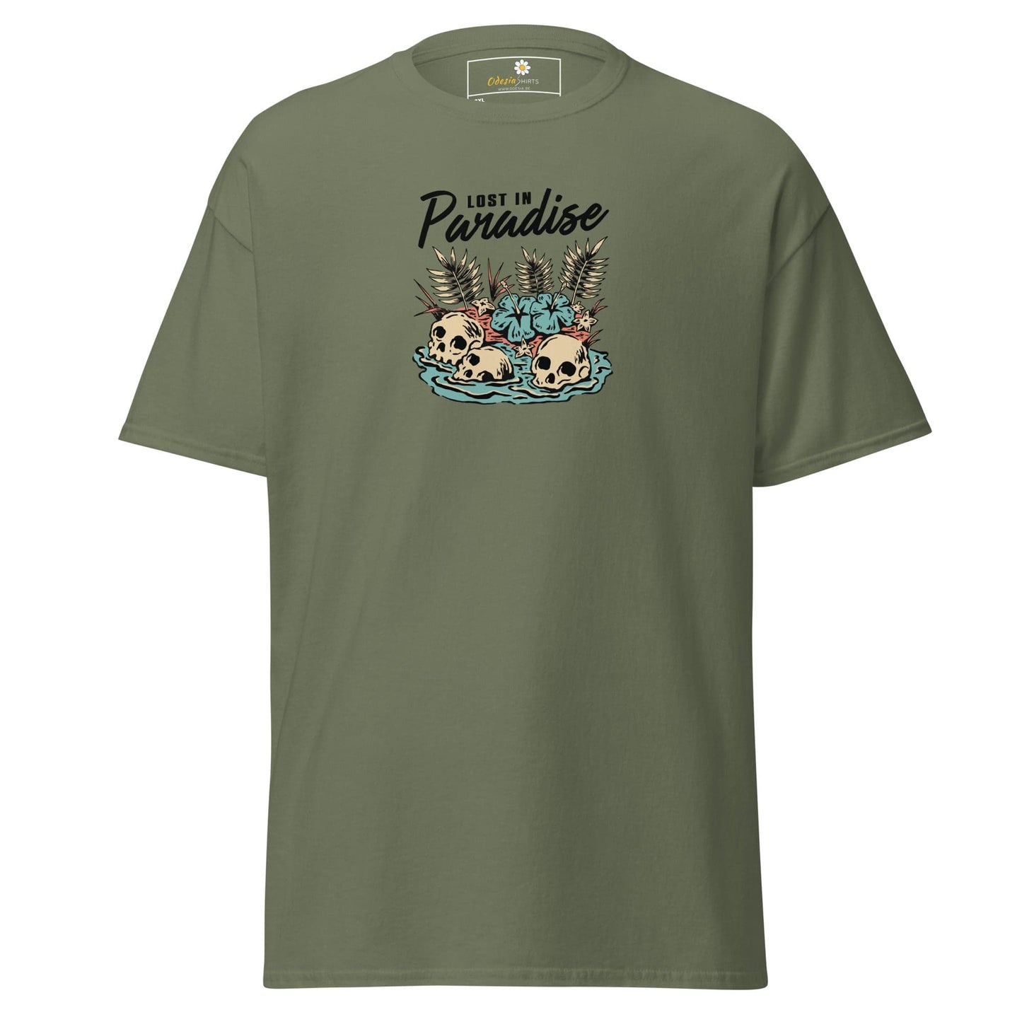 Olive green T-shirt with skull graphic from T-SHIRT DESIGN TEE for men and women in 2XL to 5XL