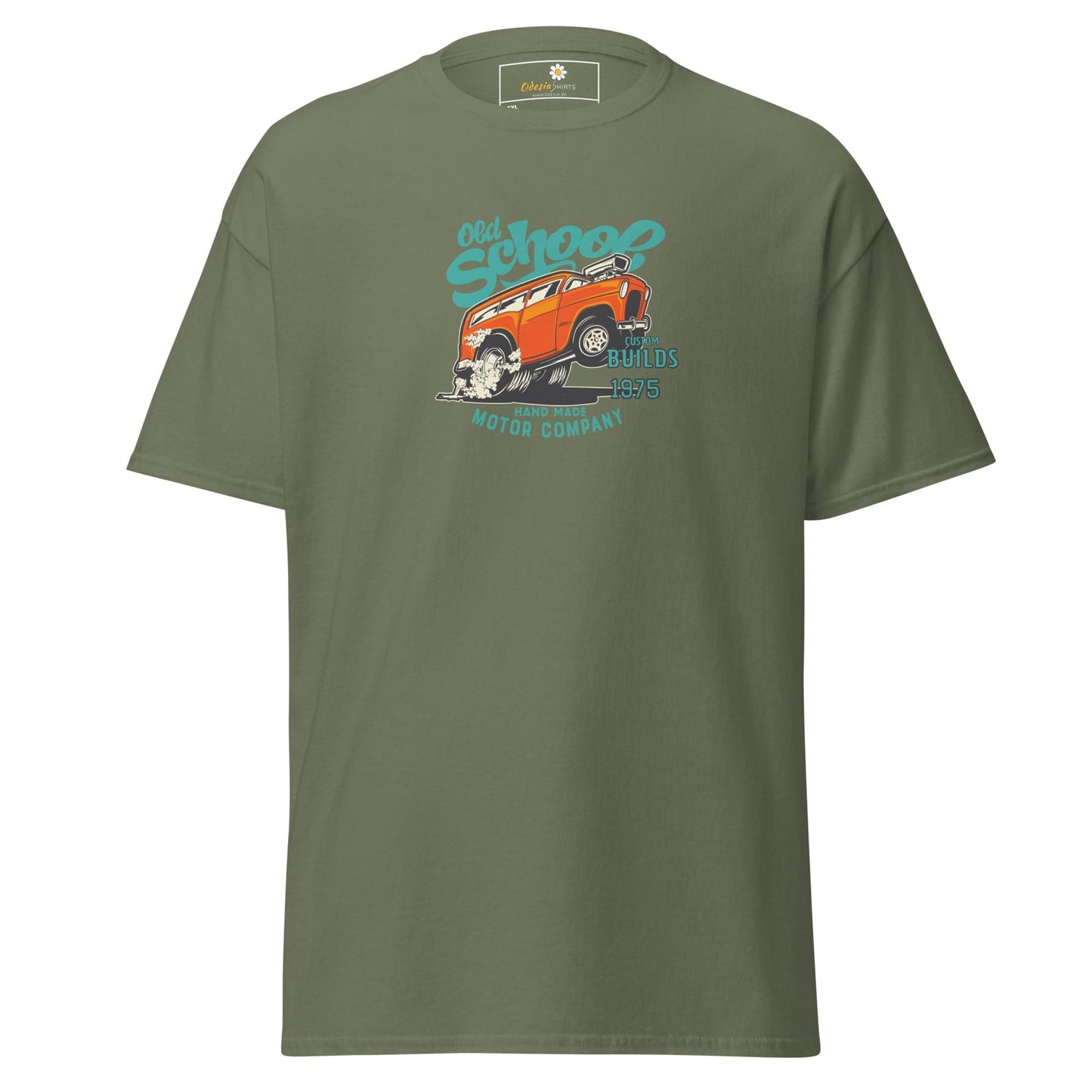 Olive green t-shirt with car graphic.
