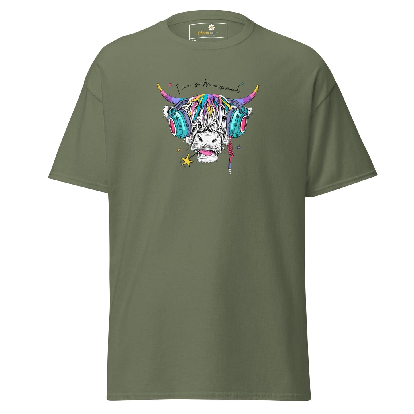 Olive green t-shirt with a colorful cow graphic.