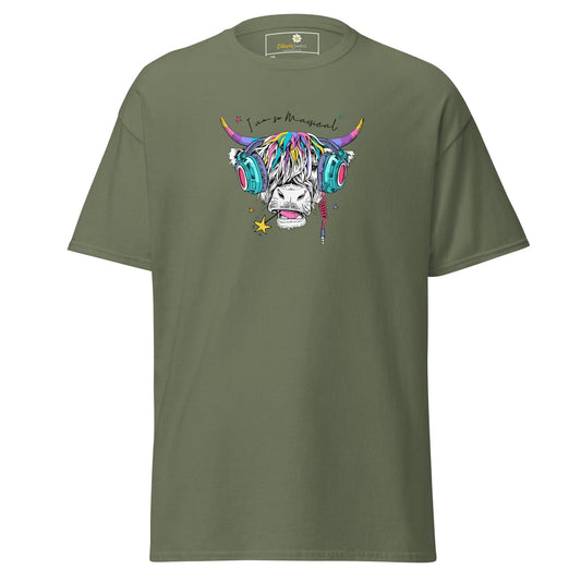 Olive green t-shirt with a colorful cow graphic.