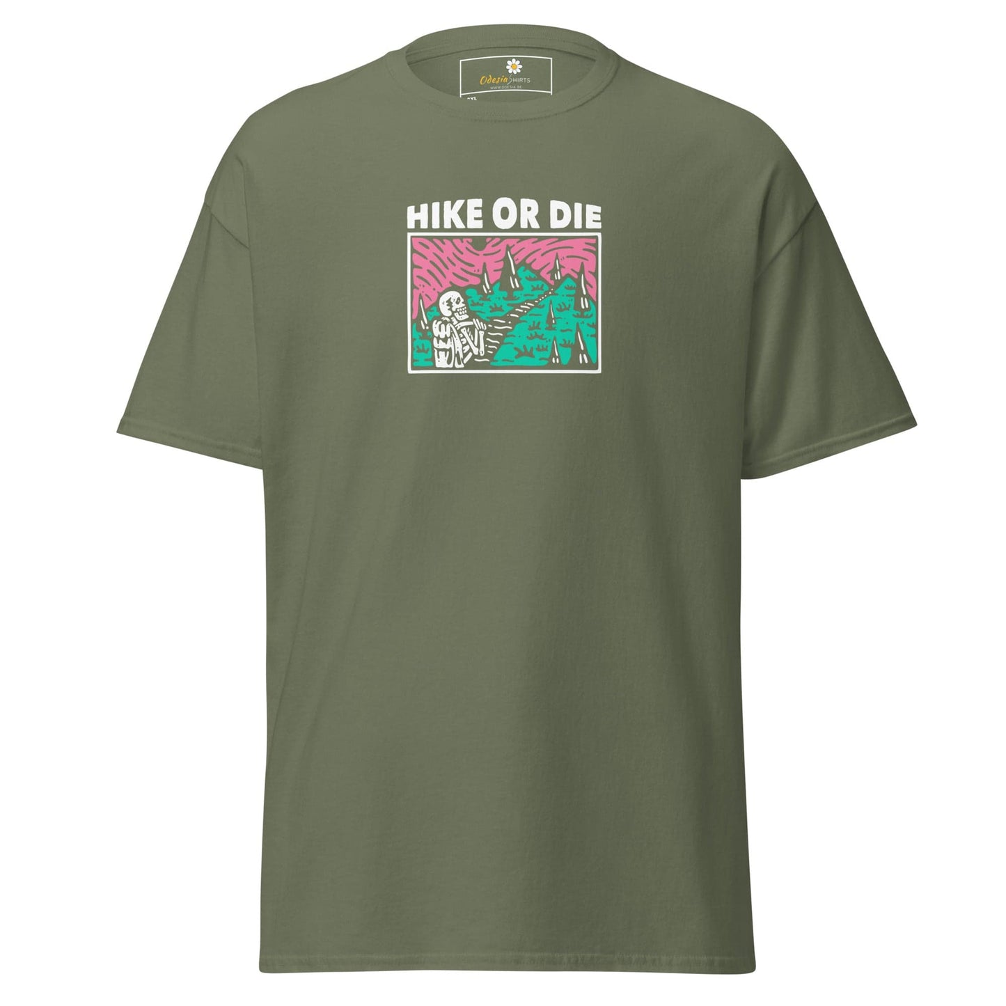 Olive green t-shirt with ’Hike or Die’ graphic.