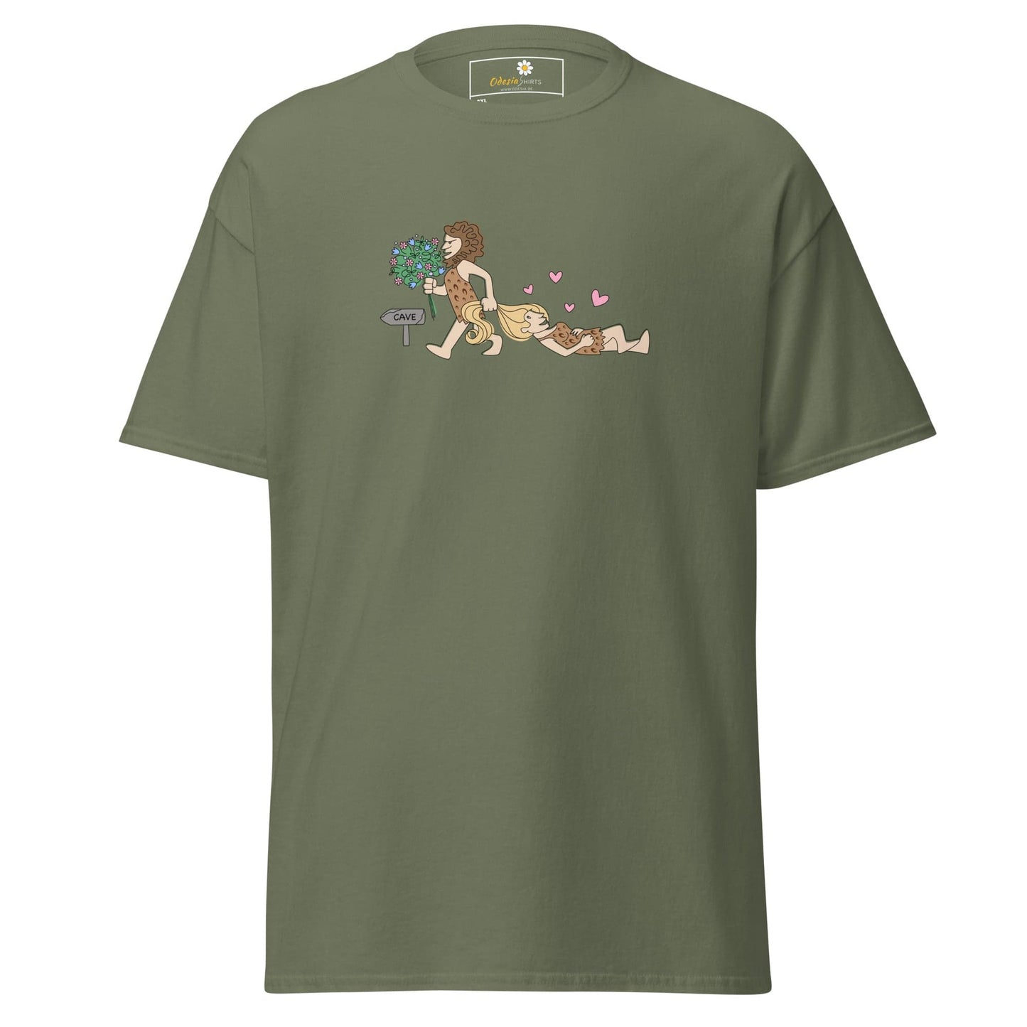 Olive green T-shirt with caveman graphic for men or women in 2XL to 5XL sizes