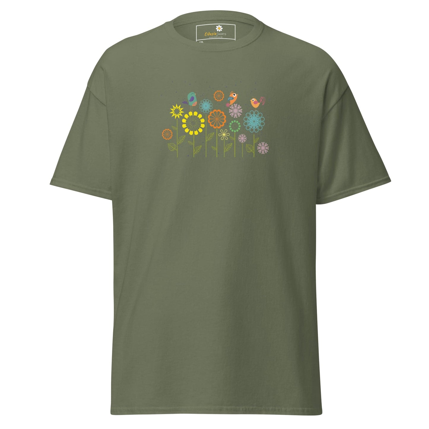 Olive green t-shirt with floral design.