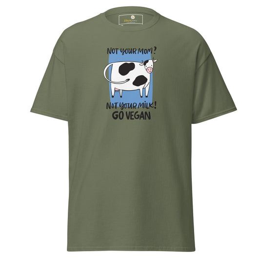 Olive green t-shirt with cow graphic.