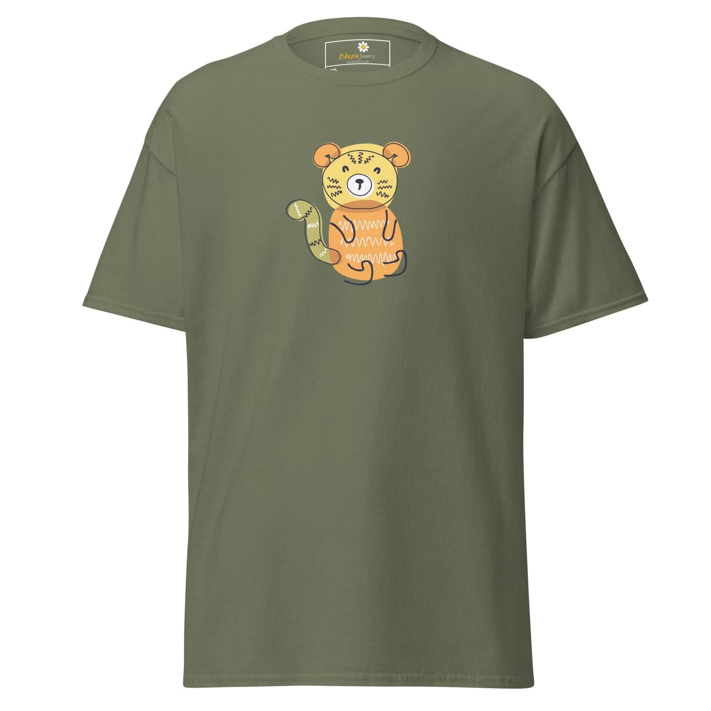 Olive green t-shirt with tiger graphic for men and women in sizes 2XL to 5XL