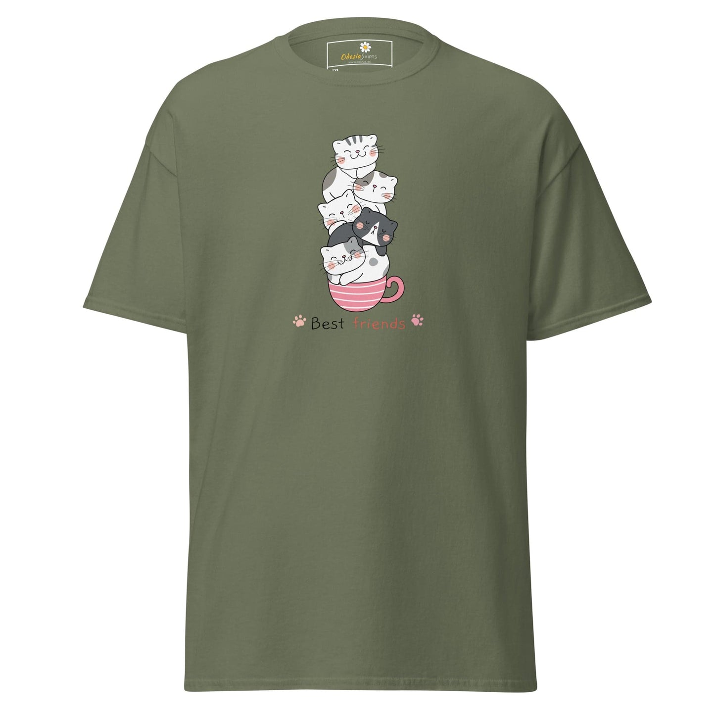 Olive green T-shirt with a detailed cat illustration for men and women in 2XL to 5XL sizes