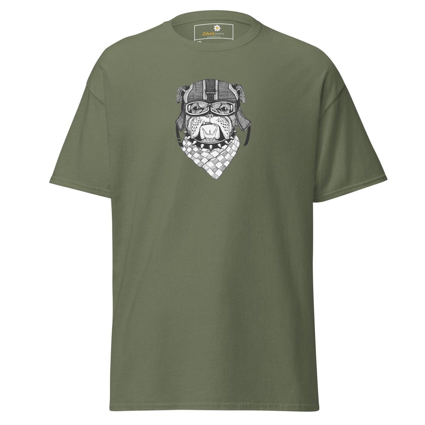 Olive green T-shirt with dog graphic in oversized men’s and women’s design 2XL to 5XL