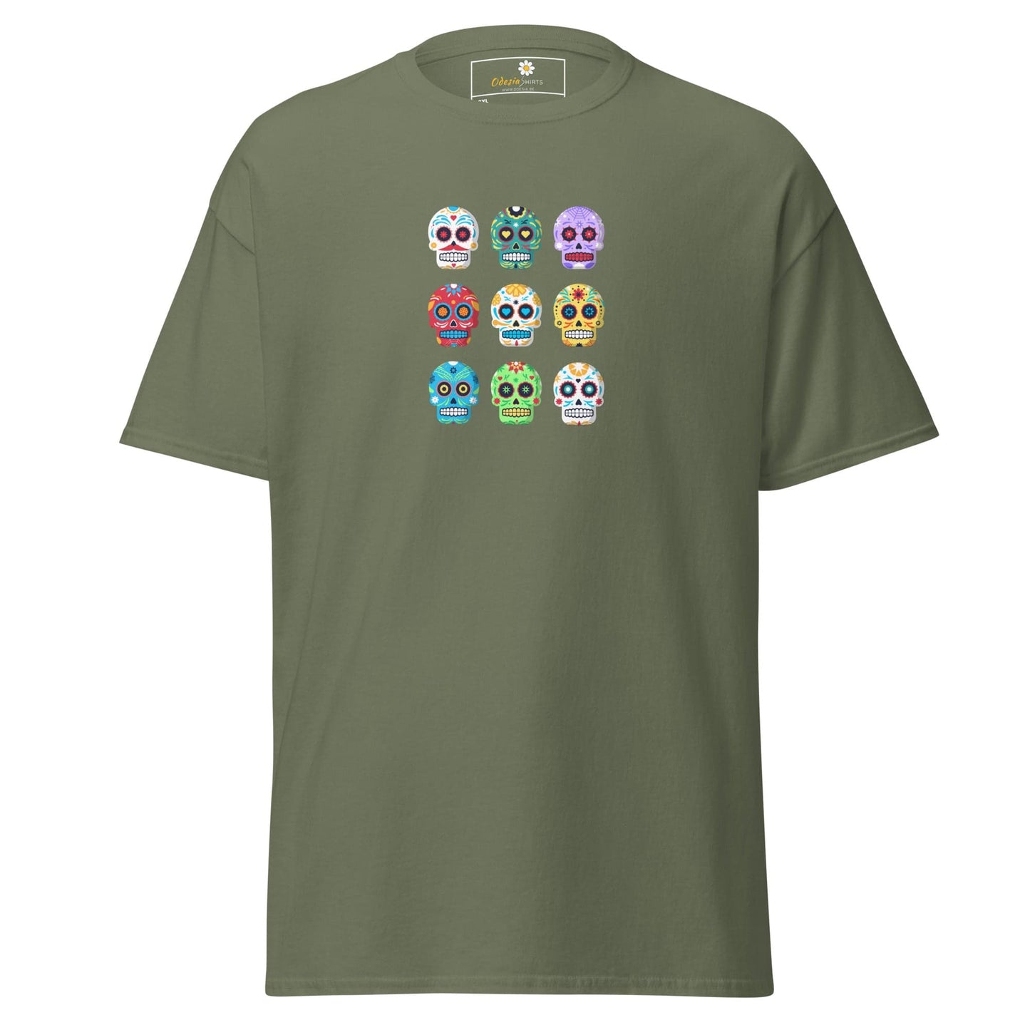 Olive green T-shirt with colorful sugar skull design for Men and Women in 2XL to 5XL