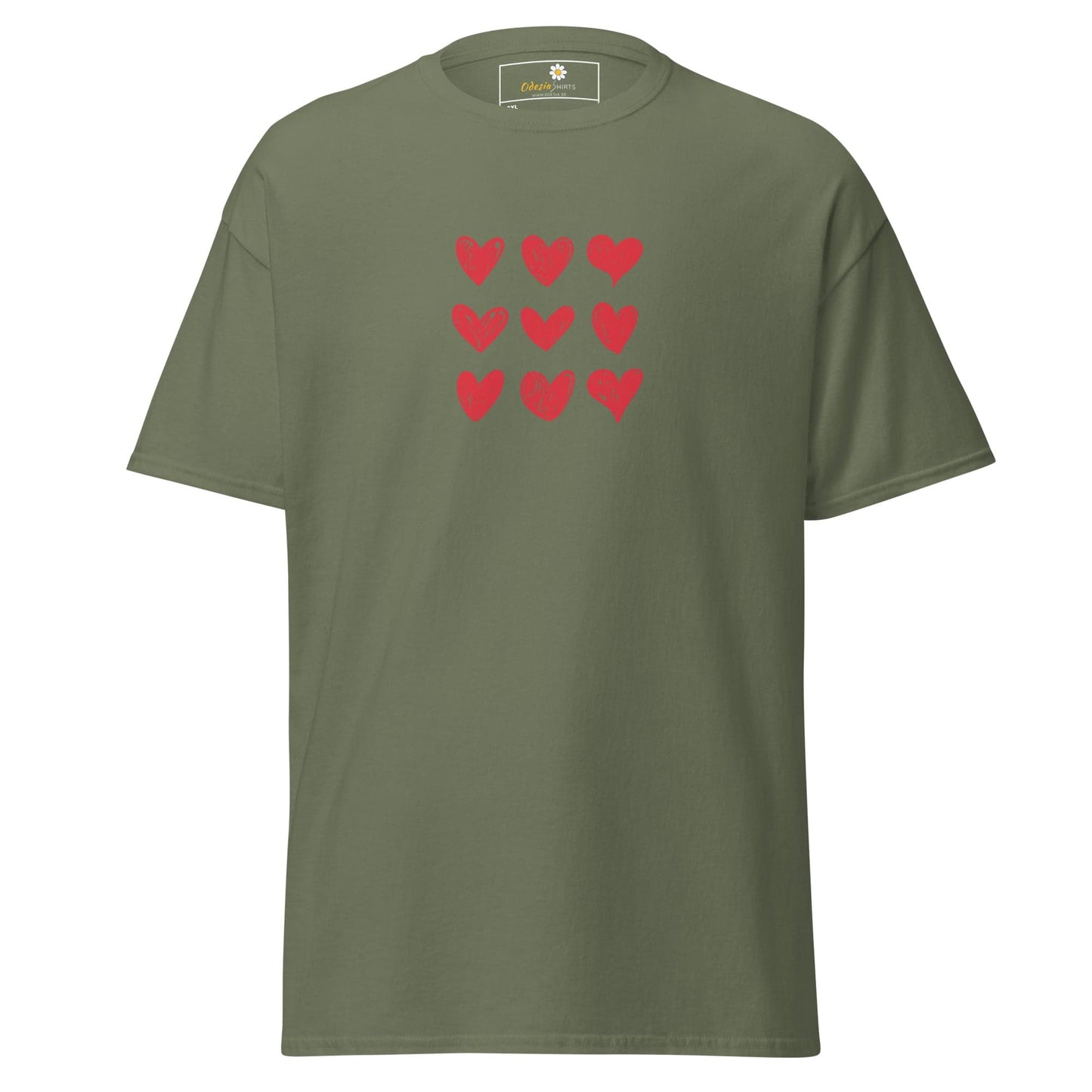 Olive green t-shirt with red hearts.