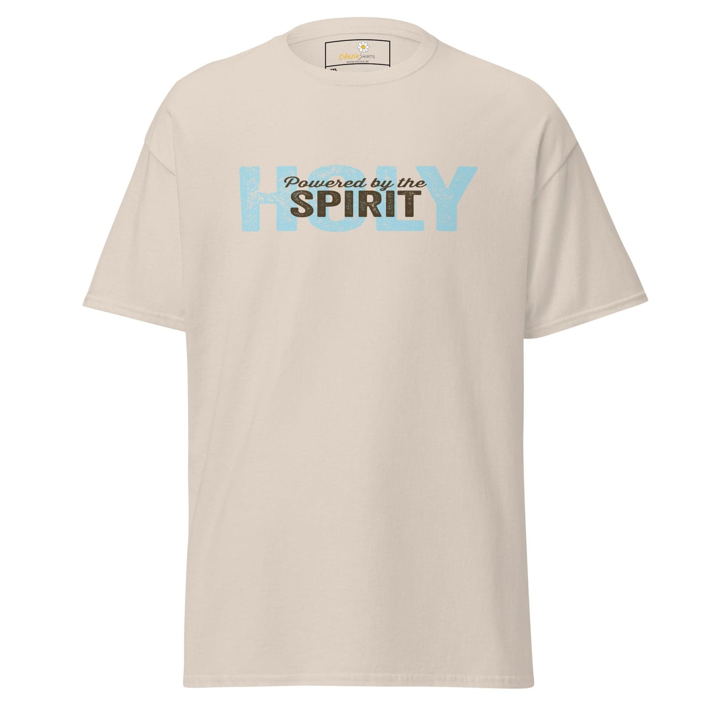 Beige T-shirt featuring Powered by the Holy Spirit text, available in 2XL to 5XL sizes