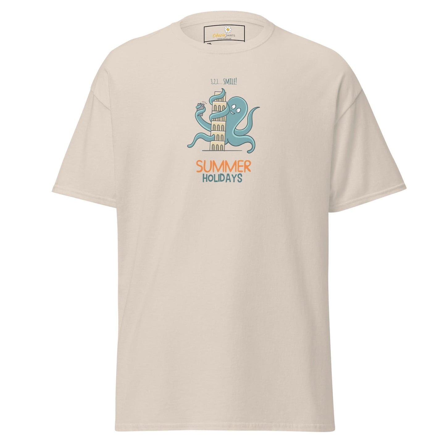 Beige t-shirt with octopus graphic.