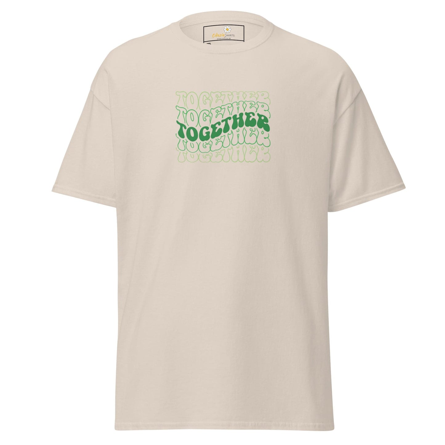 Beige T-shirt with green animated Together text for men and women in 2XL to 5XL sizes