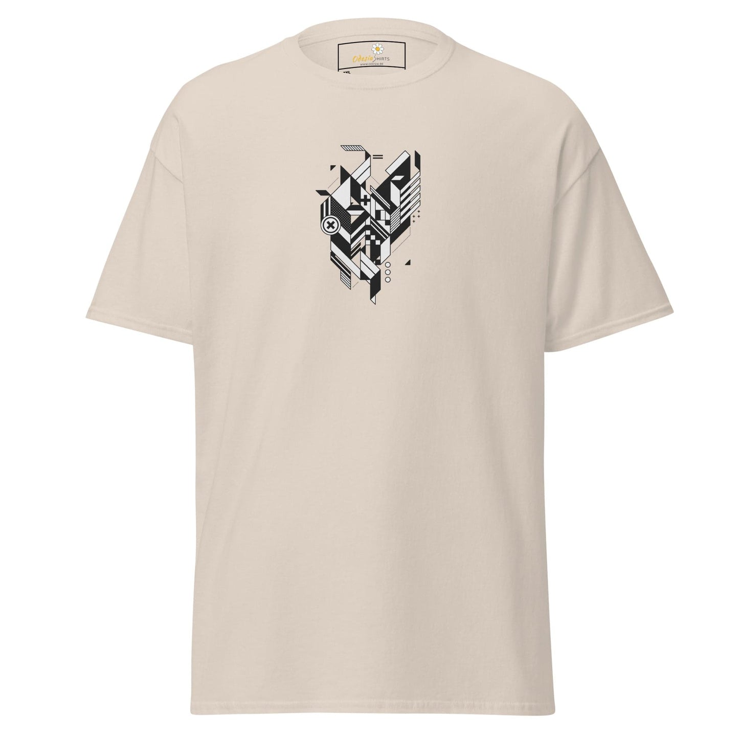 Beige t-shirt with geometric design.