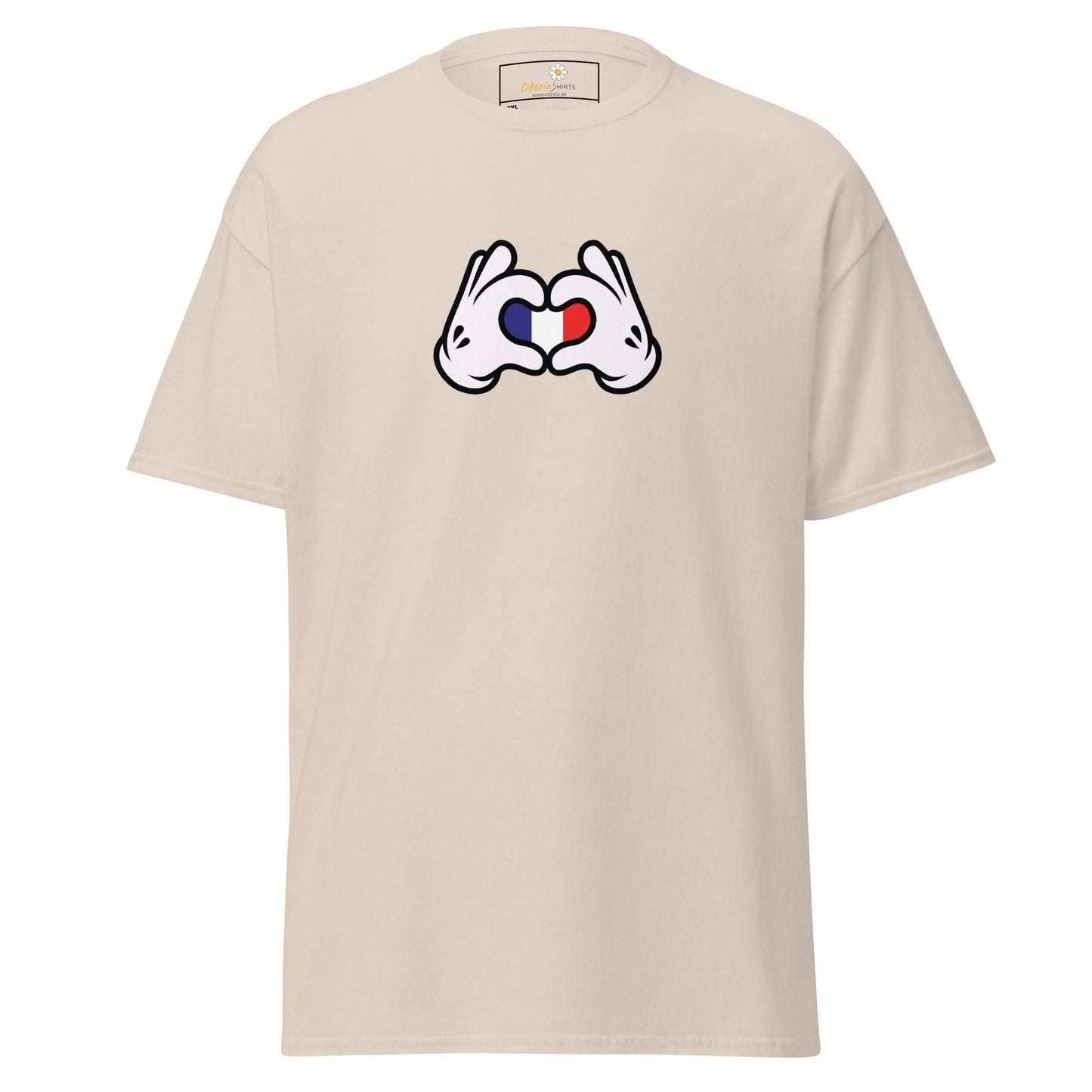 Beige t-shirt with cartoon hands forming a heart with the French flag.