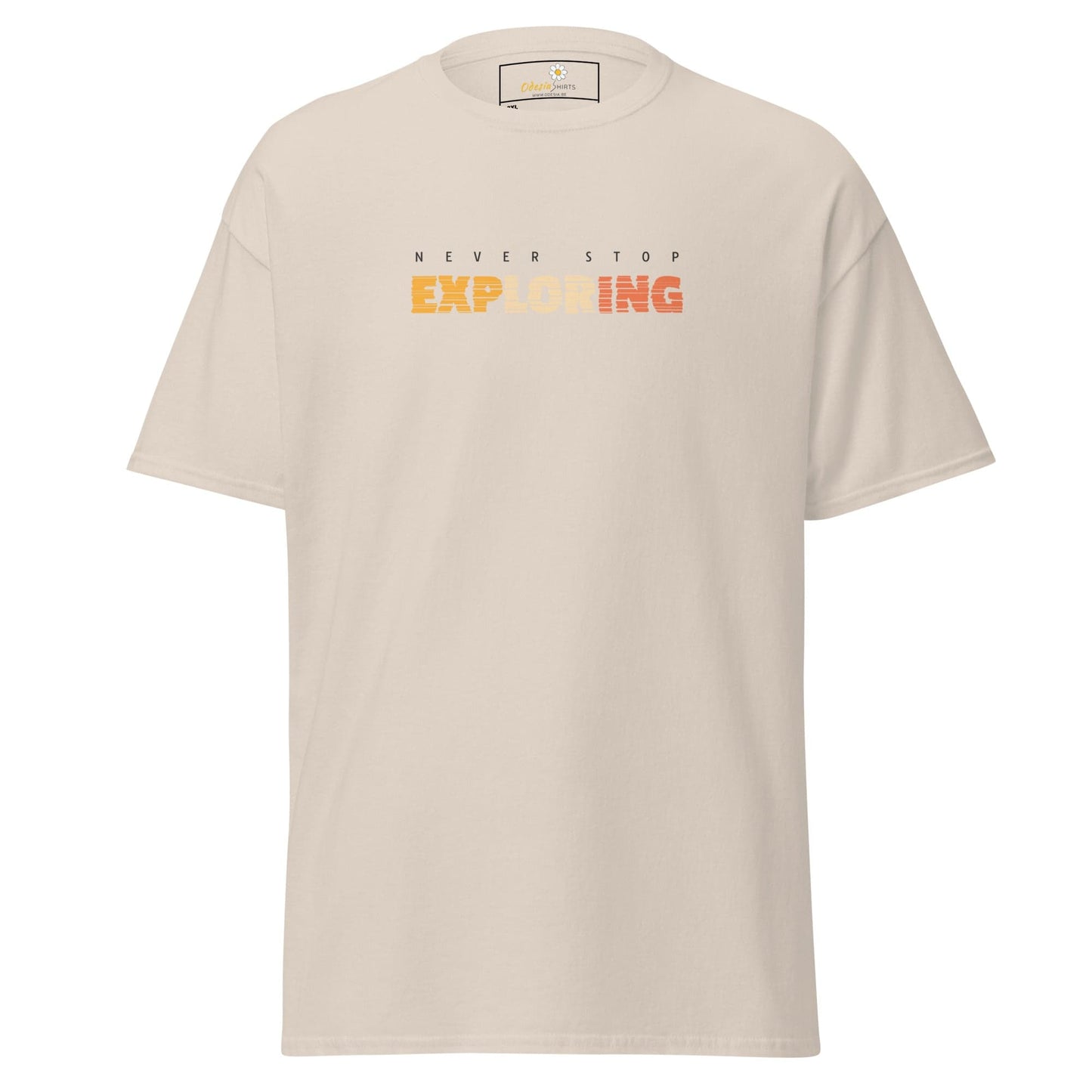 Beige men’s and women’s T-shirt with Never Stop Exploring slogan in larger size
