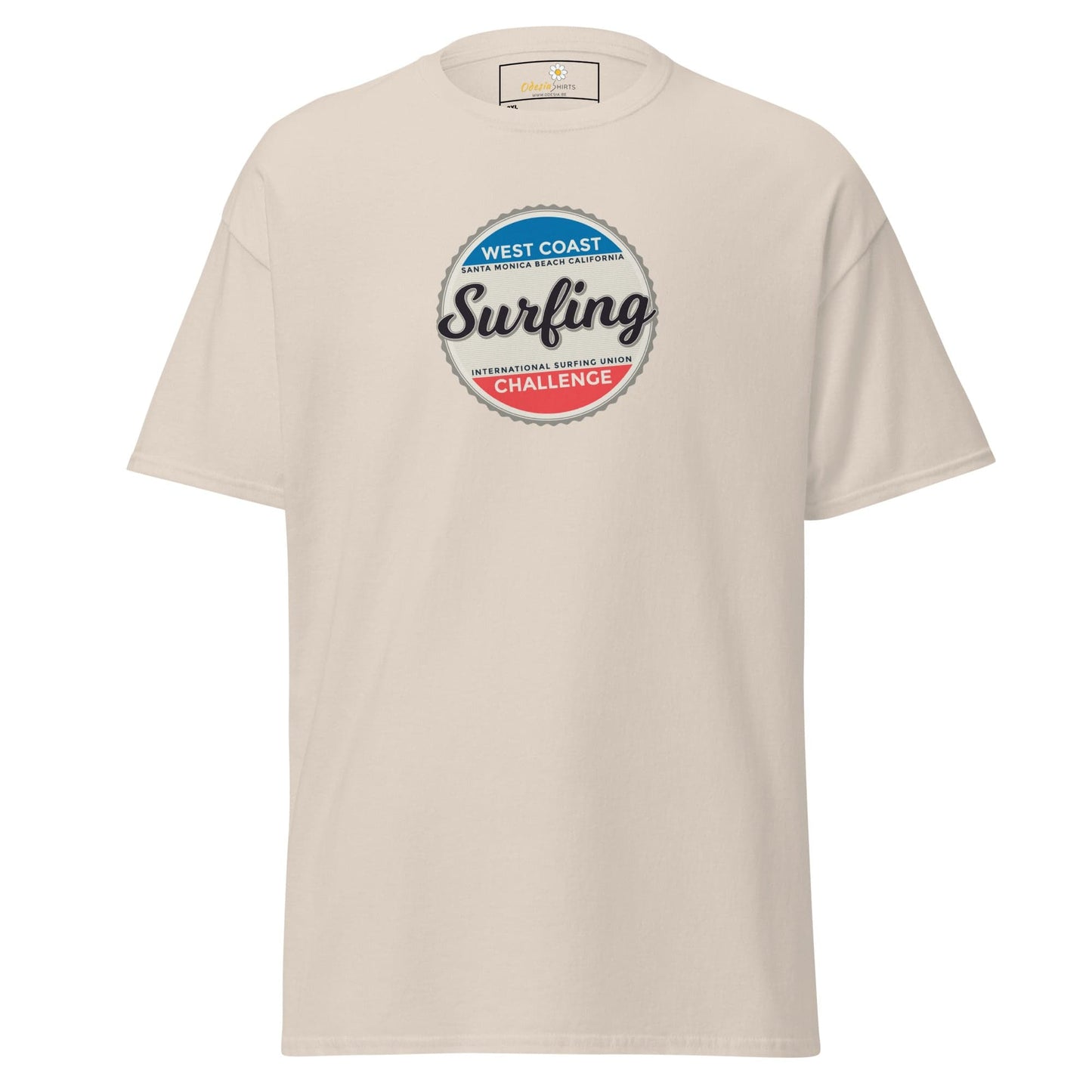 Beige t-shirt with surfing graphic.