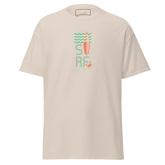Beige t-shirt with surf design.