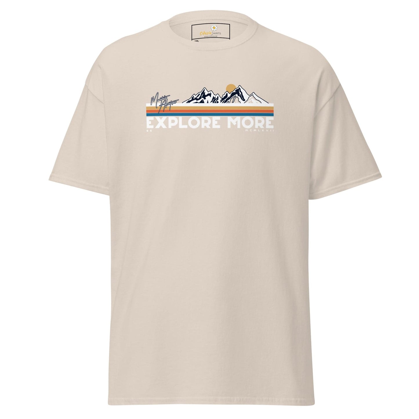Beige t-shirt with mountain graphic.