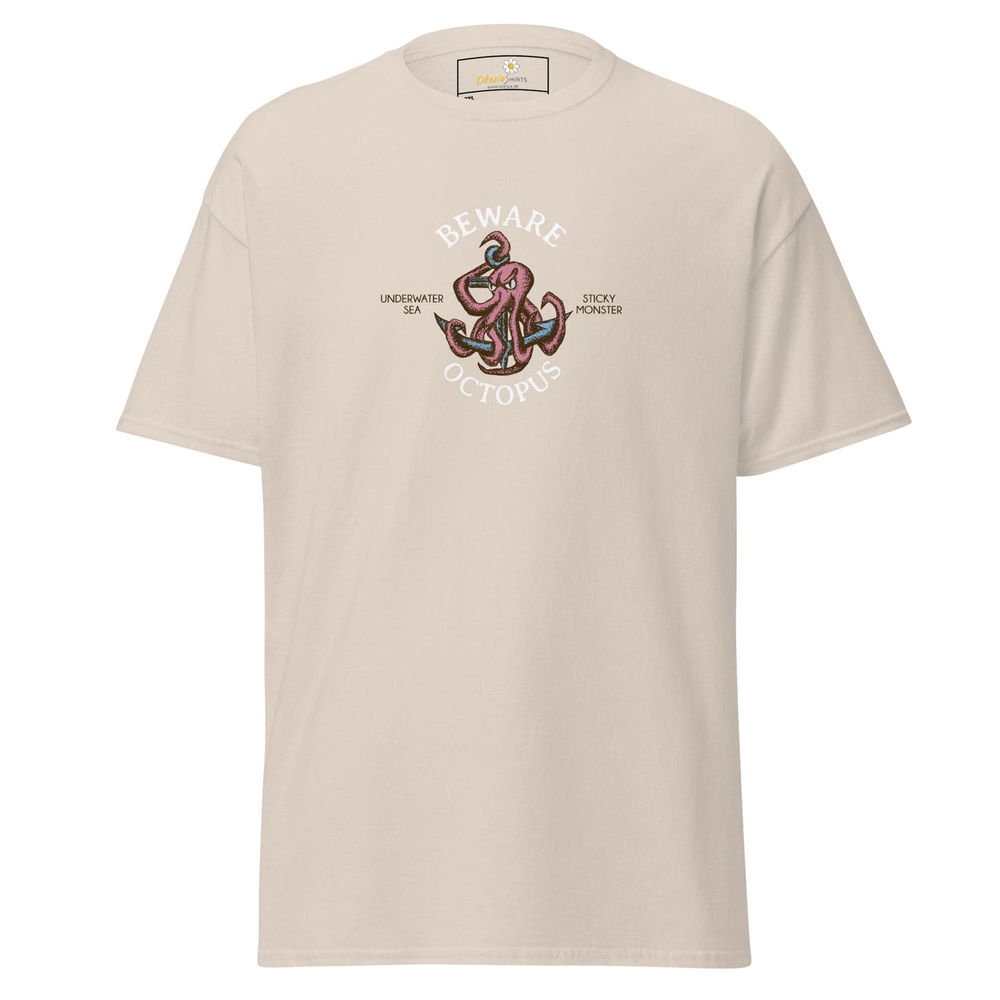 Beige t-shirt featuring an octopus graphic from T-SHIRT DESIGN TEE for Men and Women