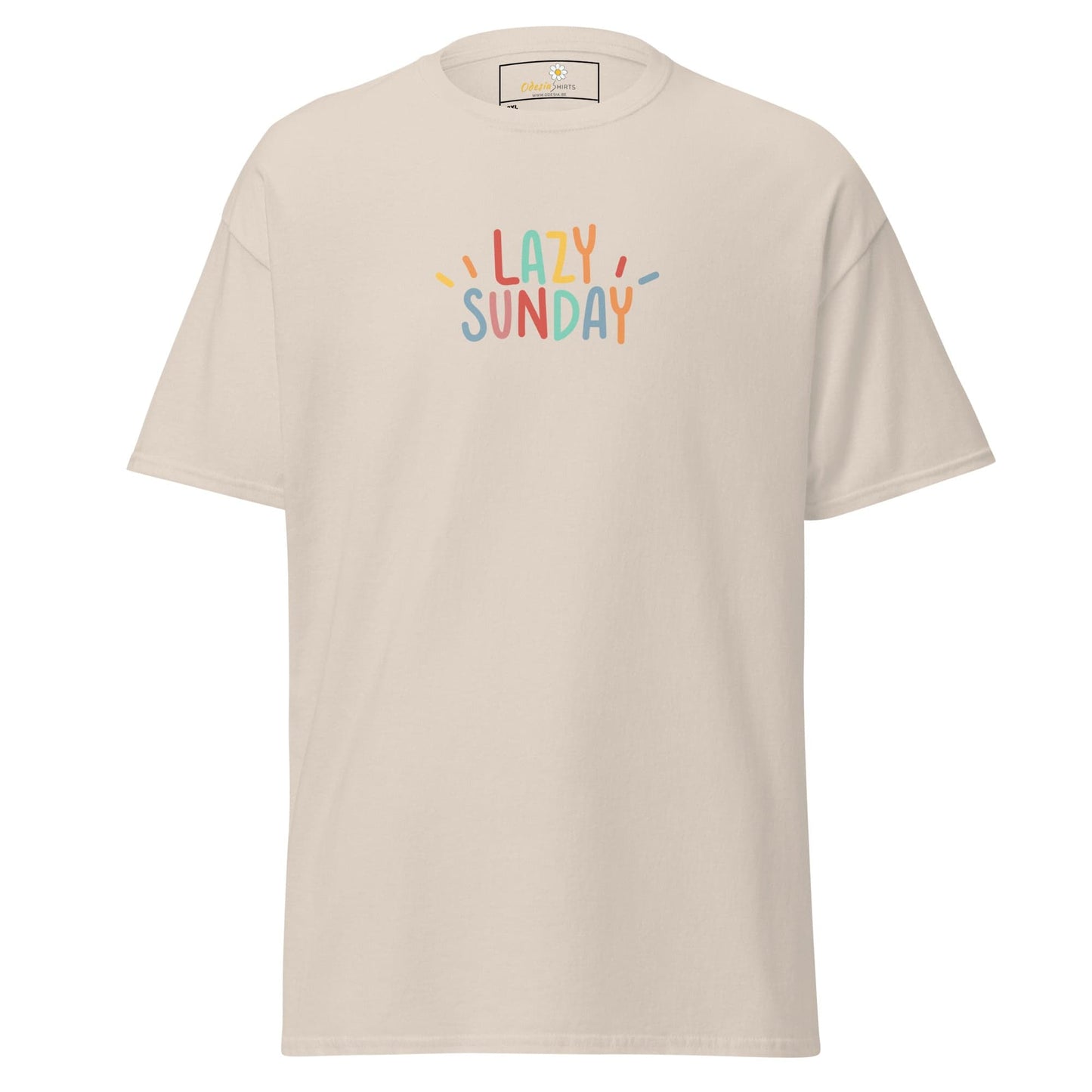 Beige t-shirt with ’Lazy Sunday’ text.