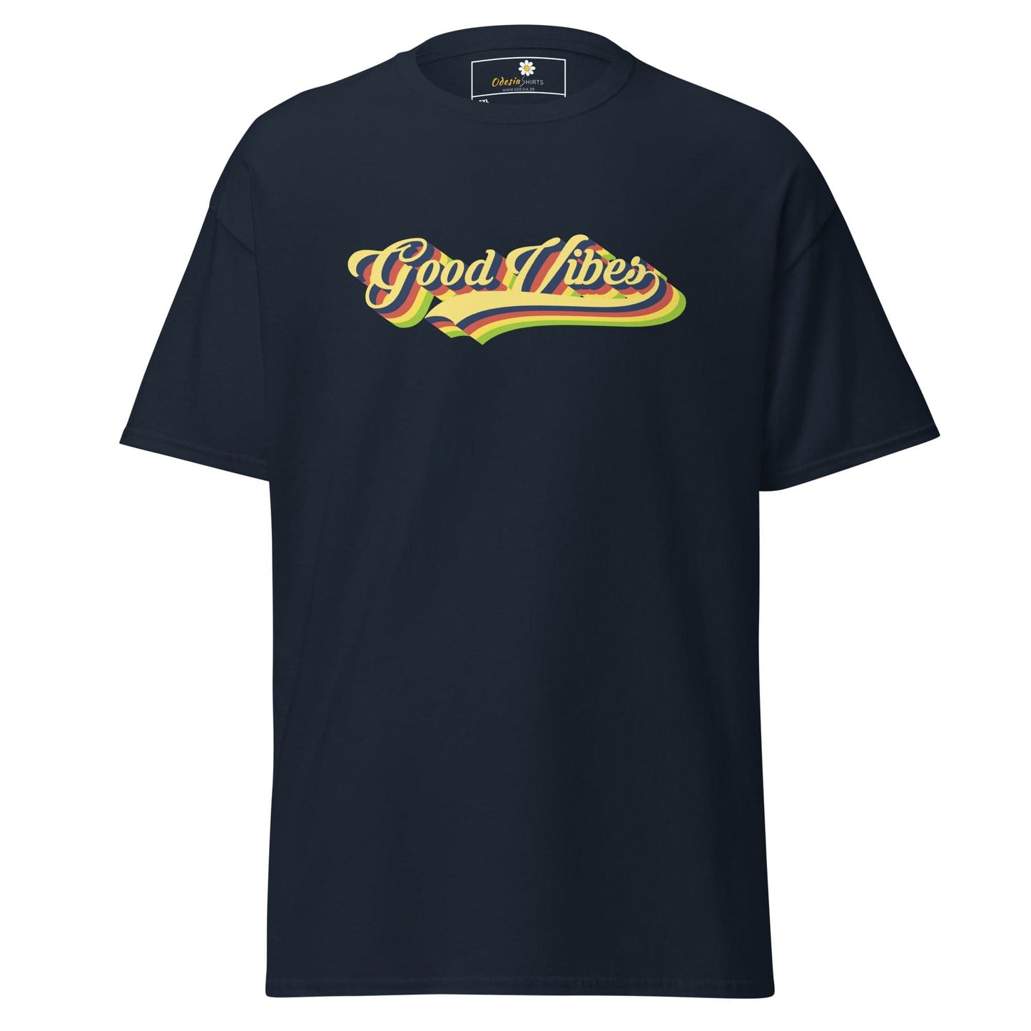 Navy blue t-shirt with ’Good Vibes’ graphic.