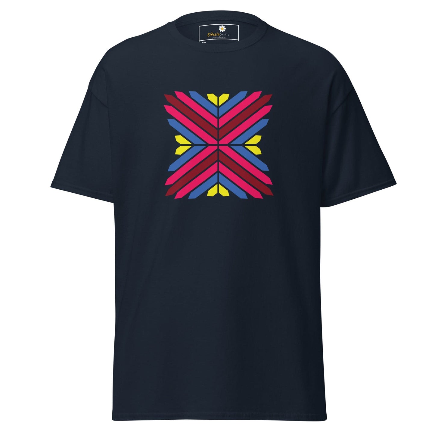 Navy blue T-shirt with colorful geometric design for men and women in size 2XL to 5XL