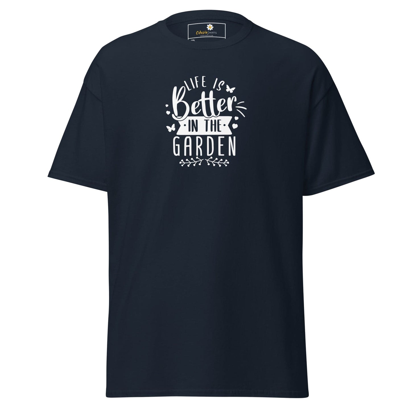 Dark blue t-shirt with white garden-themed text.