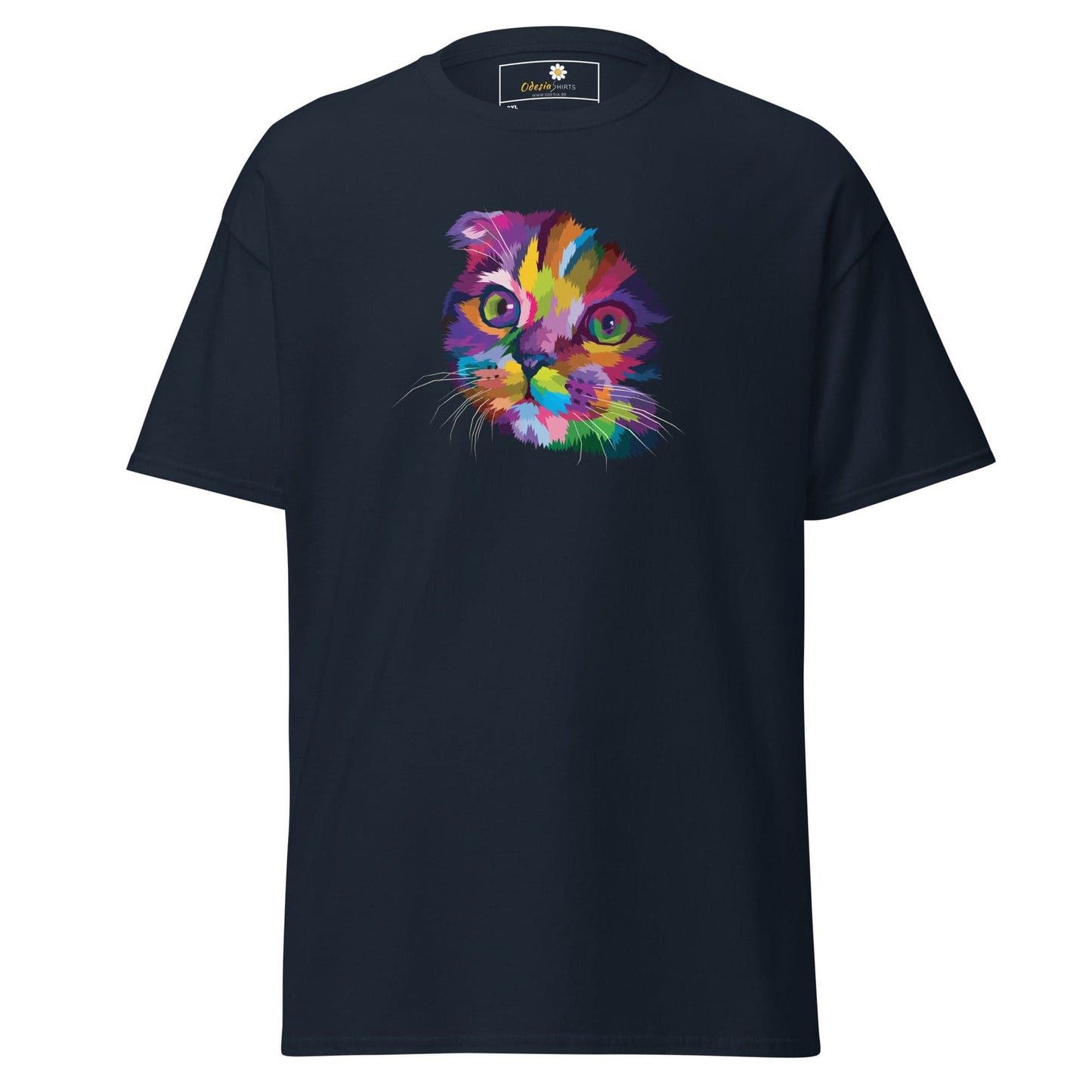 Navy T-shirt with colorful cat graphic for men and women in sizes 2XL to 5XL