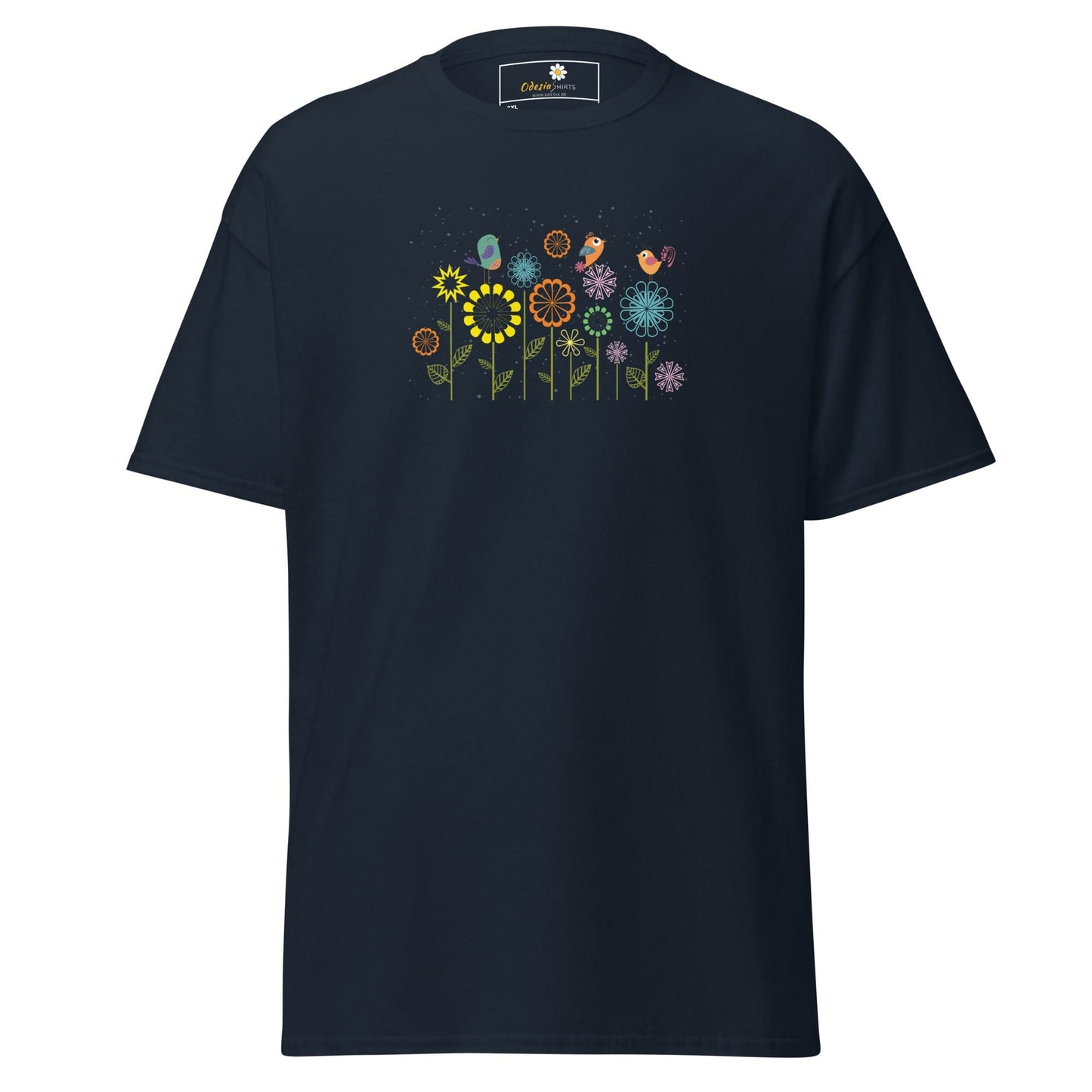 Navy blue t-shirt with floral and bird design.