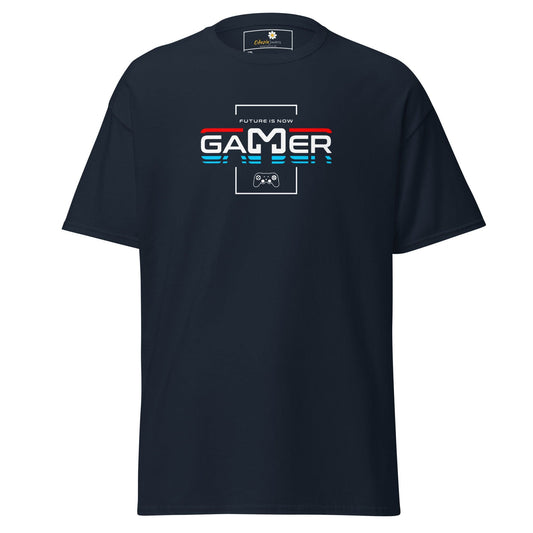 Navy blue t-shirt with ’Gamer’ graphic.