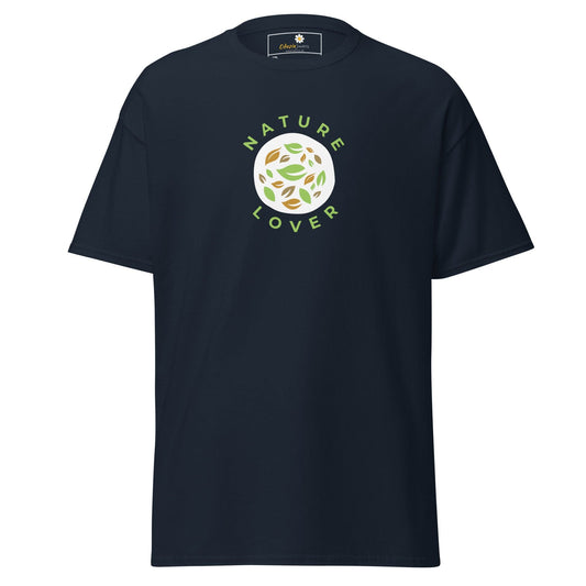 Navy blue t-shirt with nature-themed graphic.