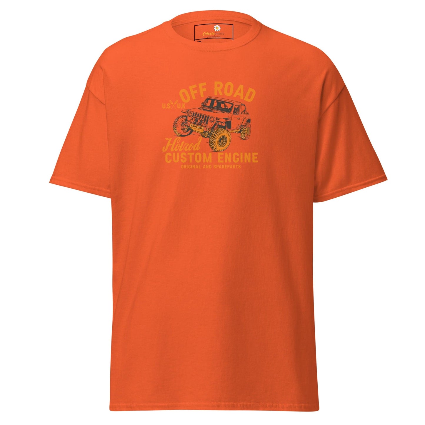 Orange t-shirt with off-road vehicle graphic.
