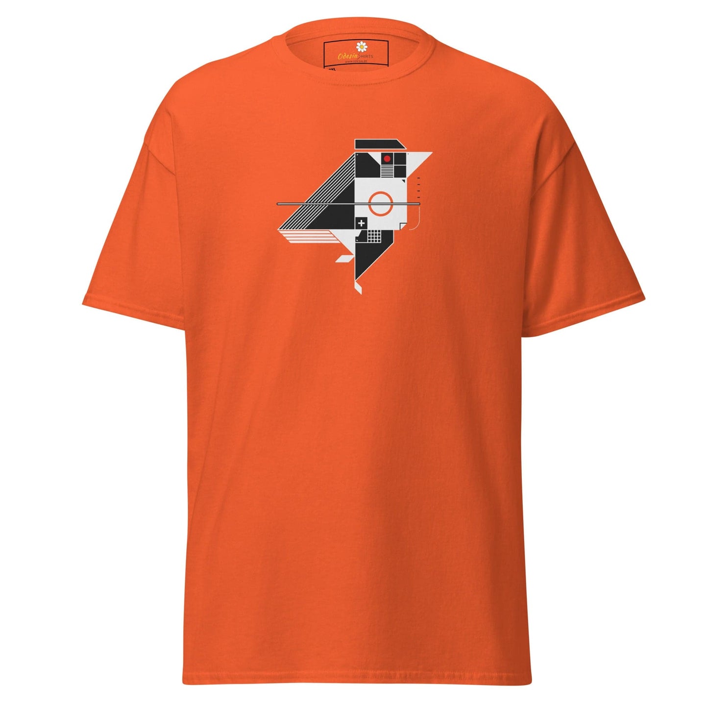 Orange t-shirt with geometric design.