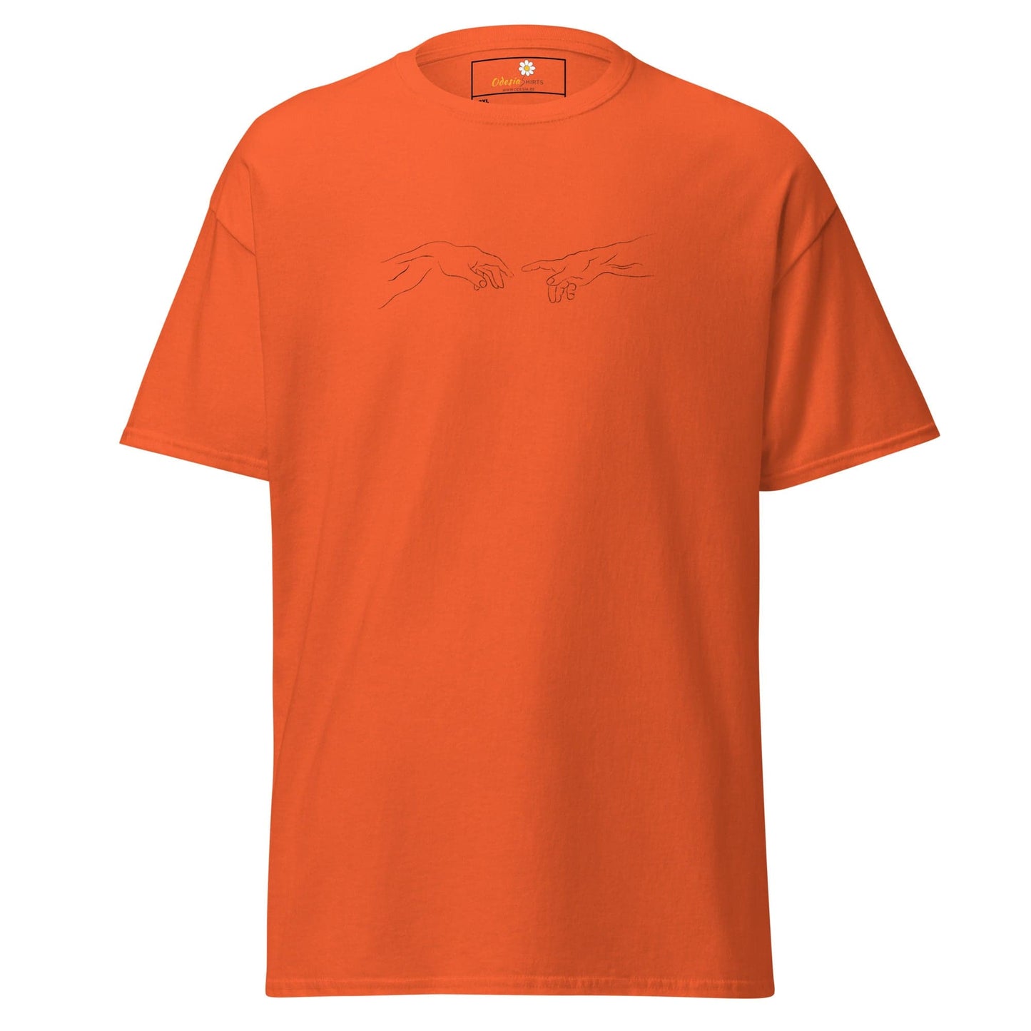 Orange T-shirt featuring a hand design for men and women in sizes 2XL to 5XL