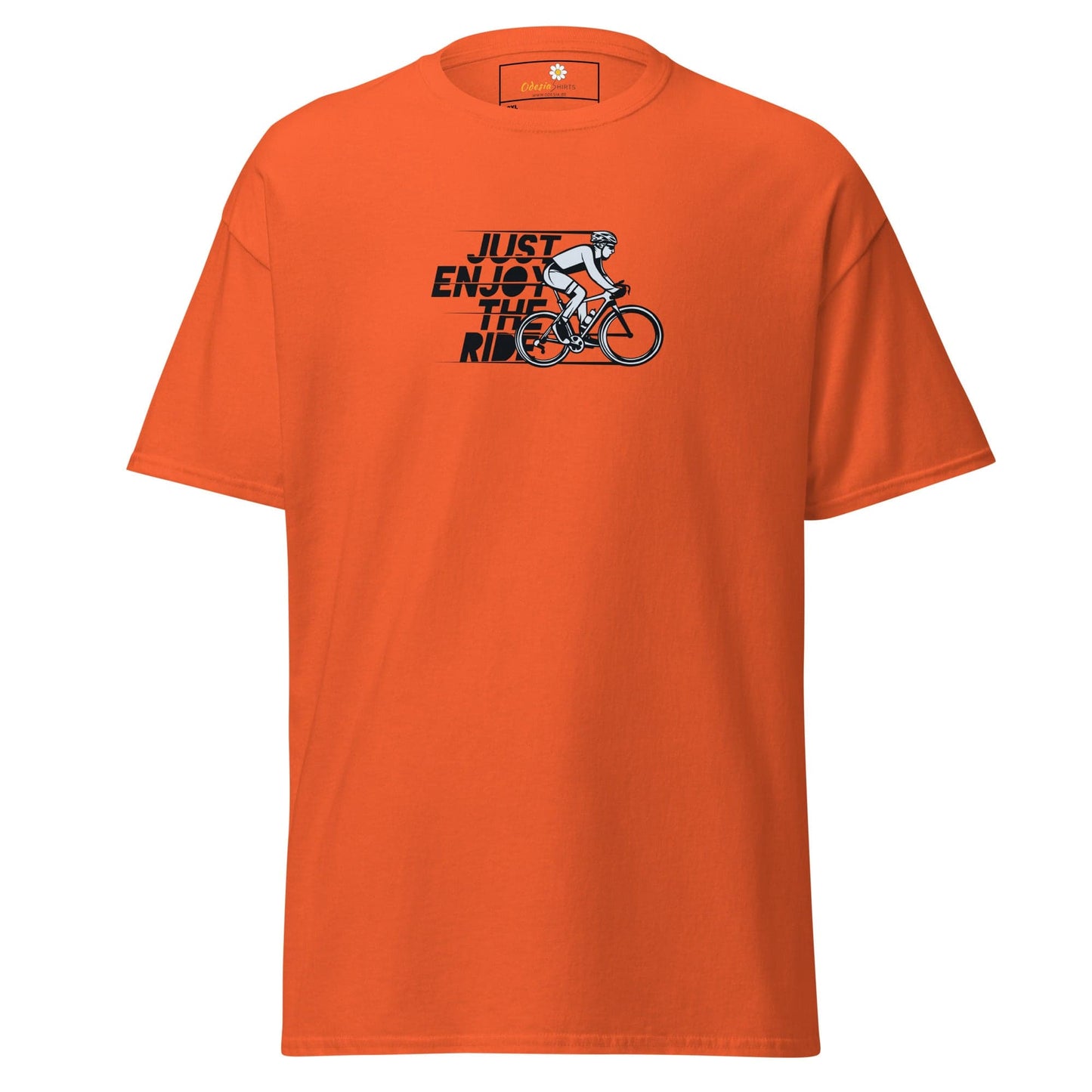 Orange T-shirt with cyclist graphic for men and women in sizes 2XL to 5XL