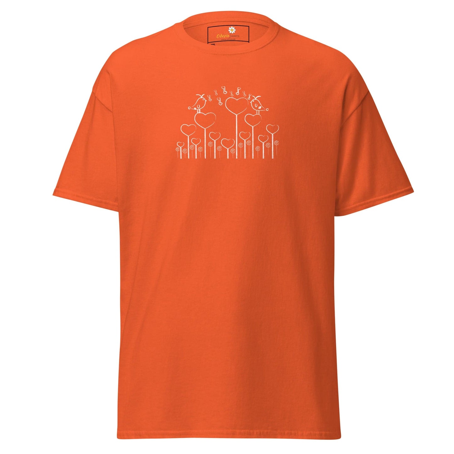 Orange T-shirt with heart and bird design from T-SHIRT DESIGN TEE for Men and Women