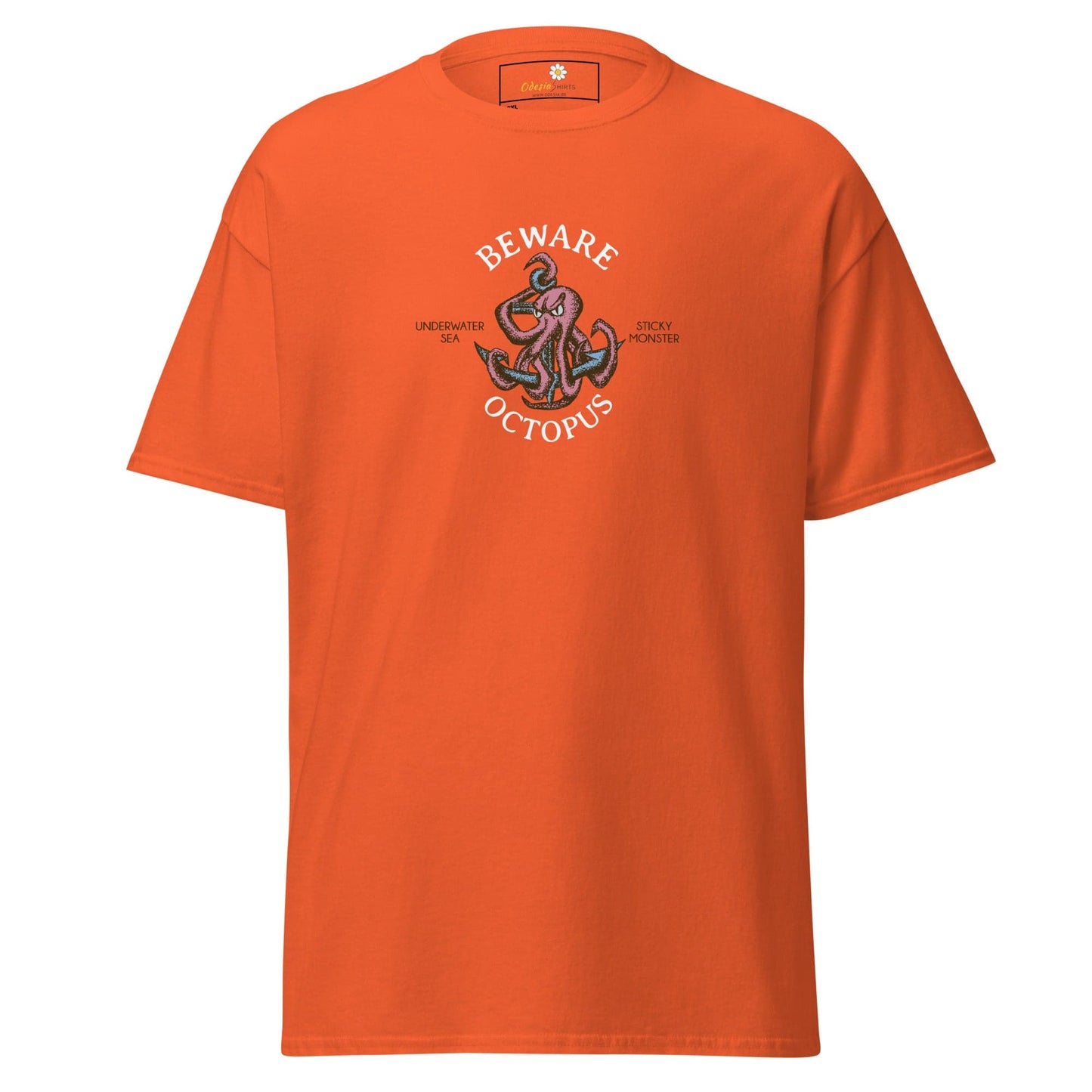 Orange T-shirt with a detailed octopus graphic for men and women in 2XL to 5XL sizes