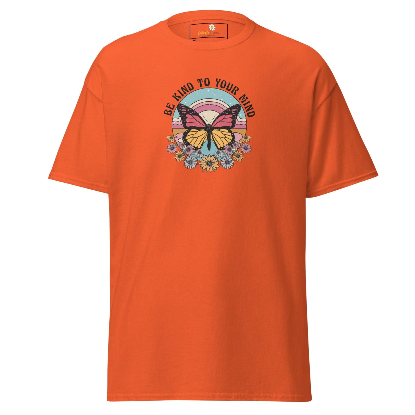 Orange t-shirt with butterfly graphic.