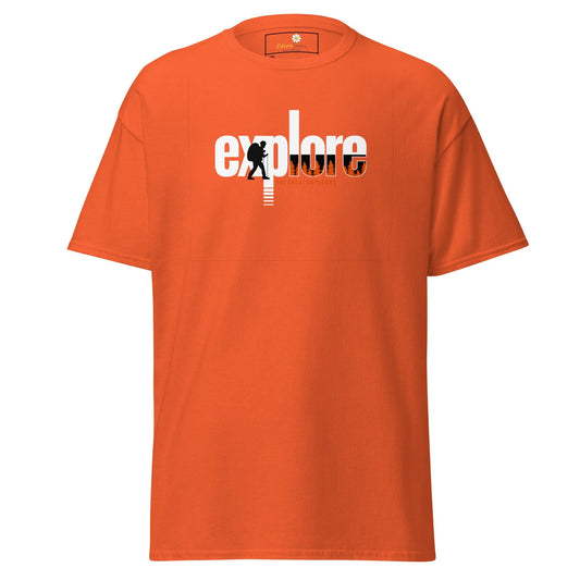 Orange t-shirt with ’explore’ graphic.