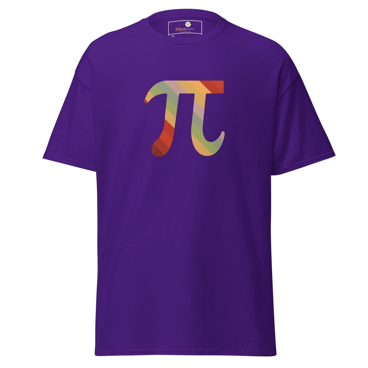 Purple T-shirt with colorful Pi symbol for men and women in 2XL to 5XL sizes