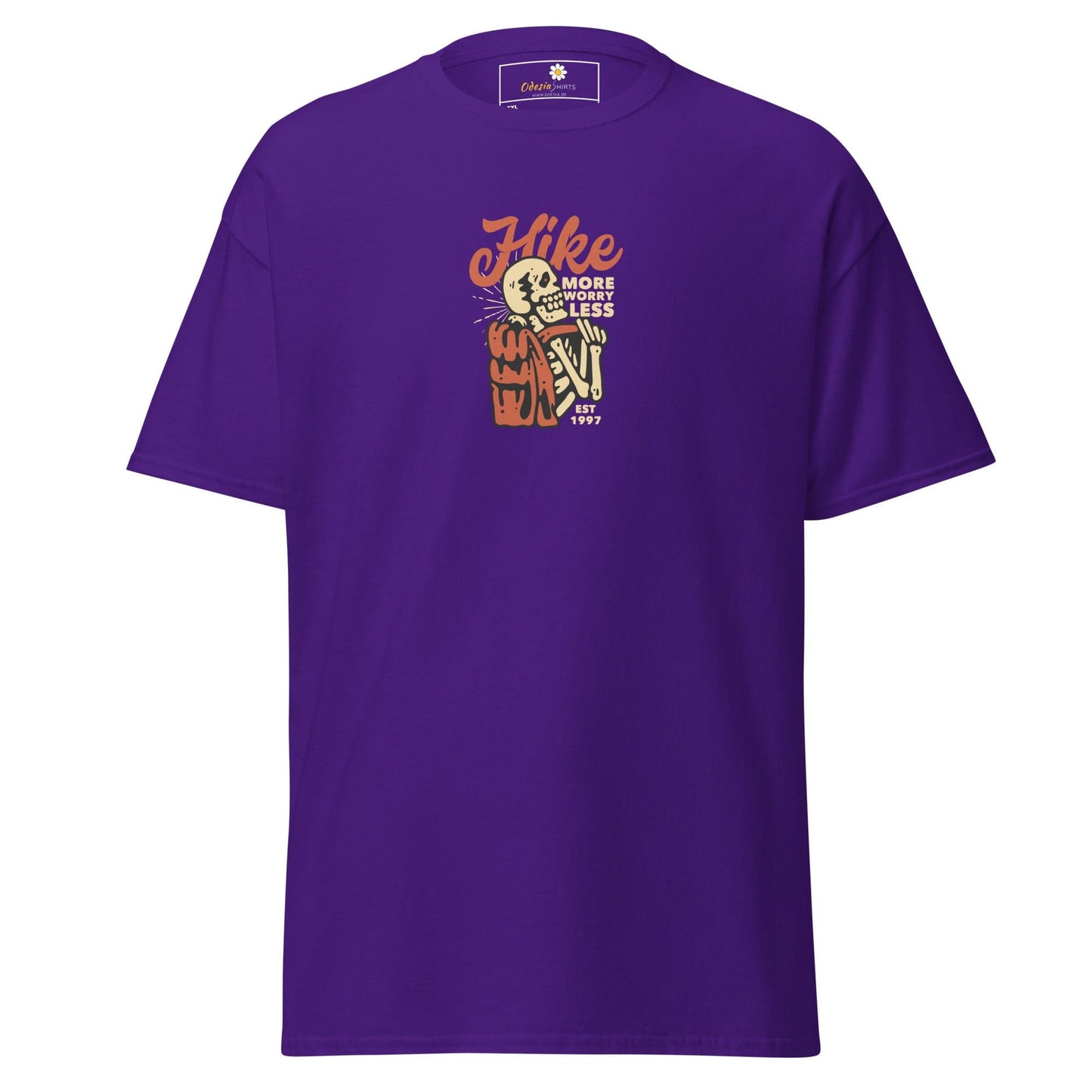 Purple t-shirt with skeleton hiker graphic.