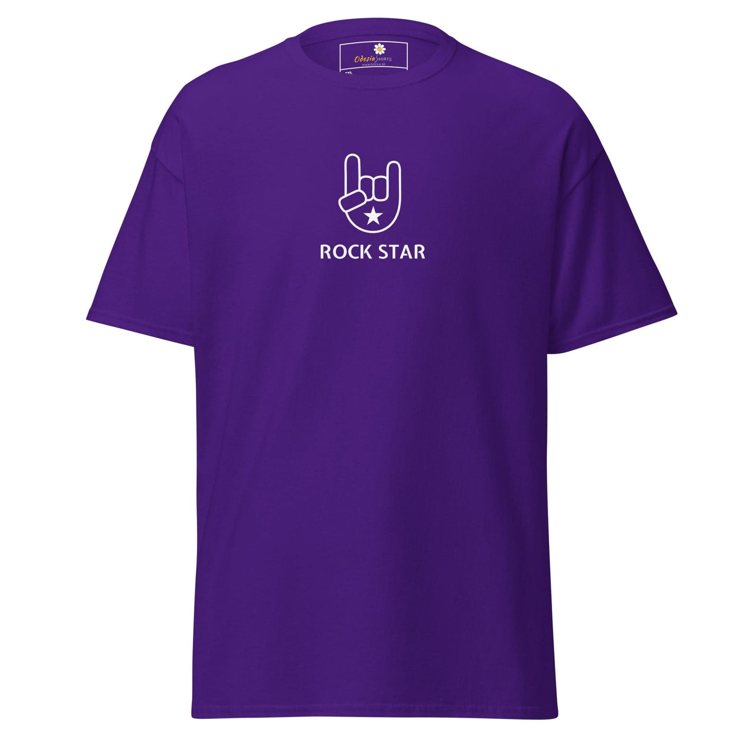 Purple t-shirt with rock star graphic.