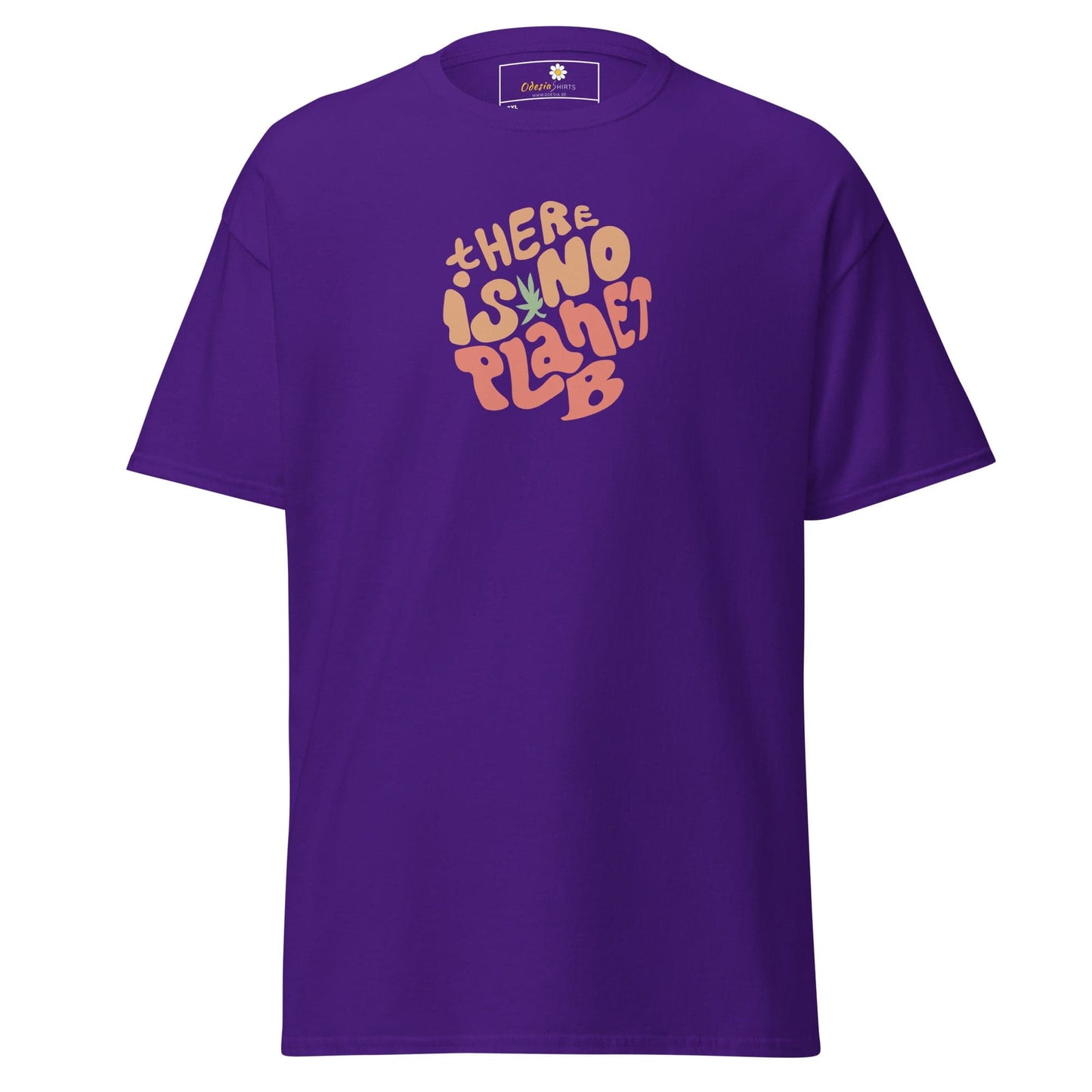 Purple t-shirt with ’There is no Planet B’ graphic.